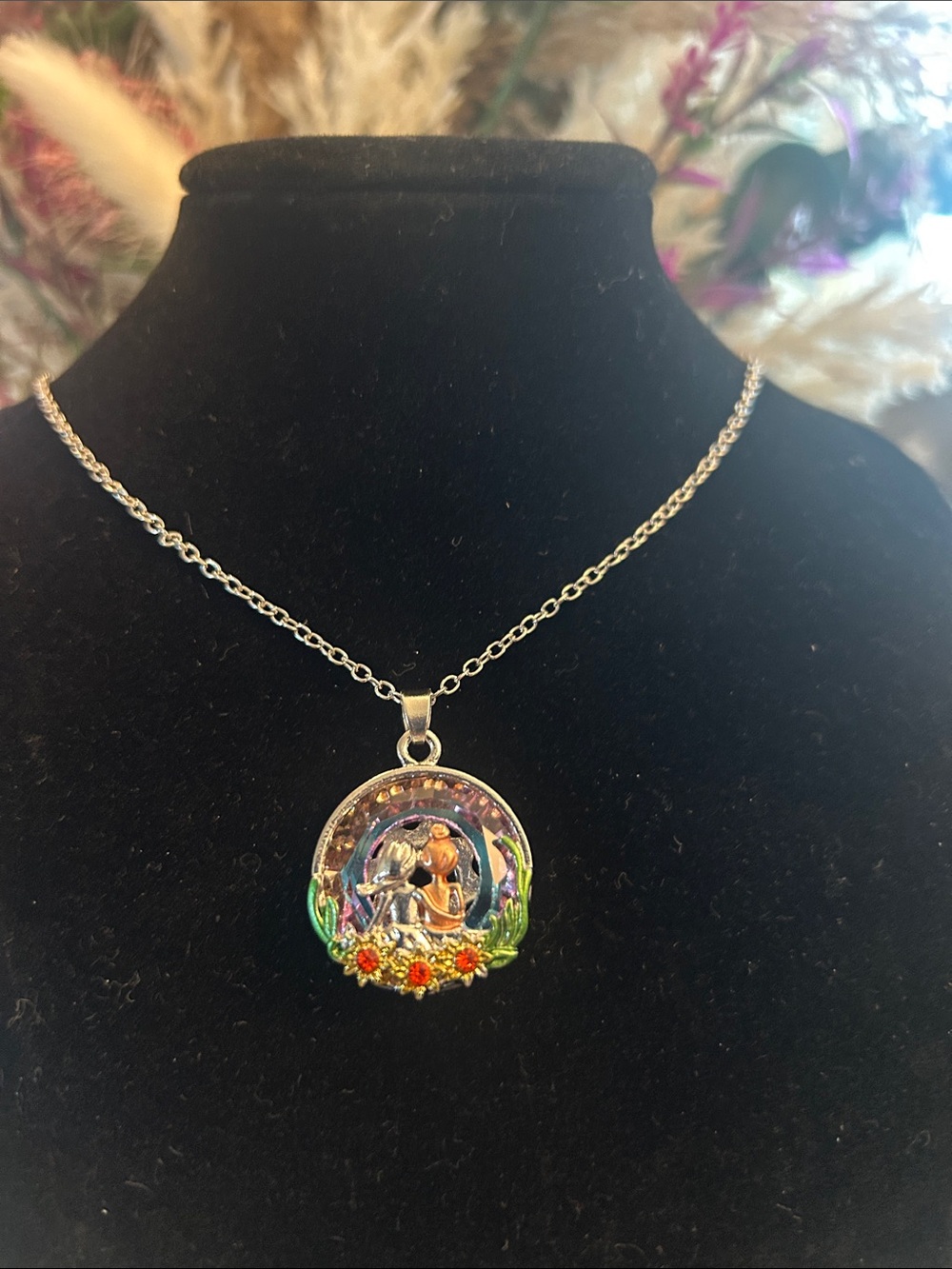 Sterling Silver Enamel Mother & Da Pendant Necklace with Colorful Floral Detail